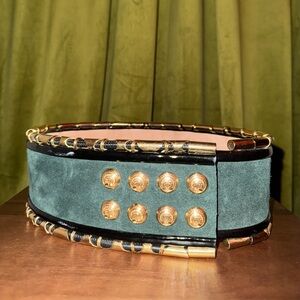 Wide Green Suede Belt with Gold Stud Accents